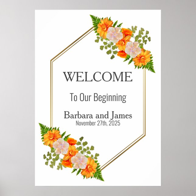 Affiche Mariage floral orange bleu or géométrique (Devant)