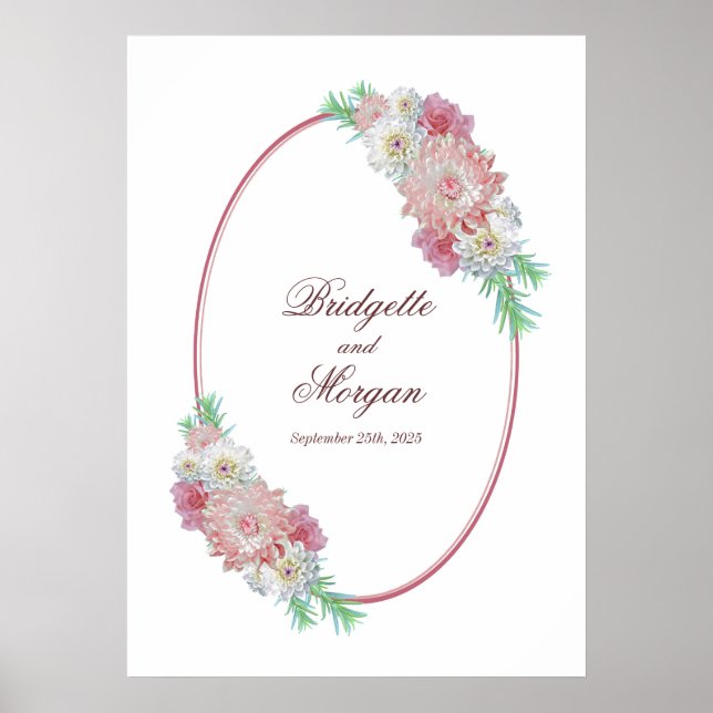 Affiche Mariage Floral Ovale Élégant Rose (Devant)