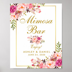 Affiche Mariage Floral Pink Gold Mimosa Bar