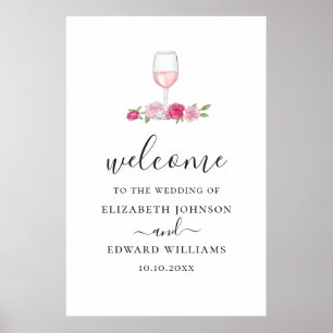 Affiche Mariage floral rose. Bienvenue écriture roses et v