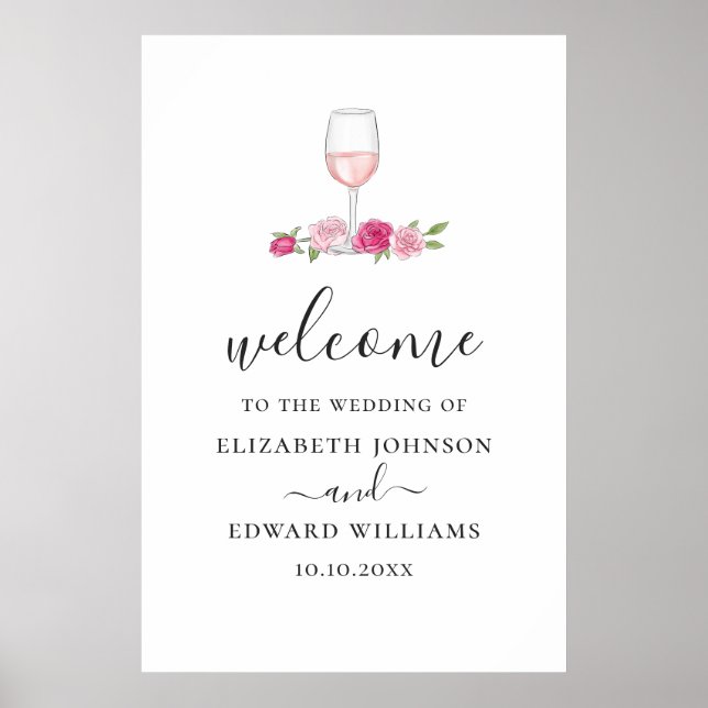 Affiche Mariage floral rose. Bienvenue écriture roses et v (Devant)