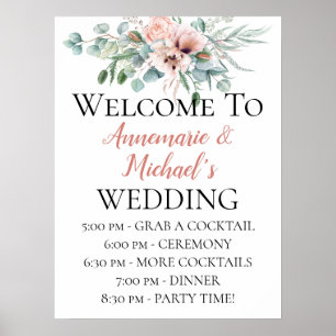 Affiche Mariage floral rose rose pâle Bienvenue