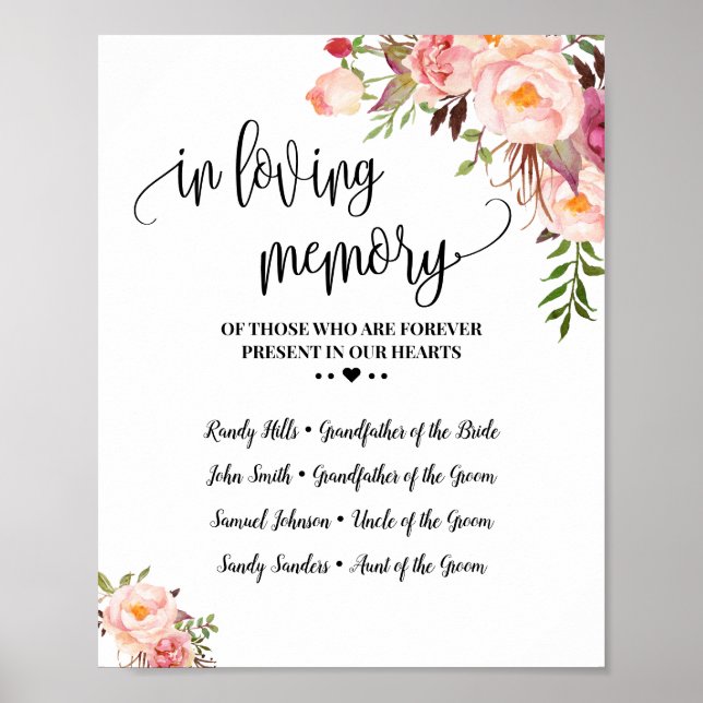 Affiche Mariage floral rose souvenir en souvenir affectueu (Devant)