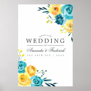 Affiche Mariage floral turquoise et jaune Accueil