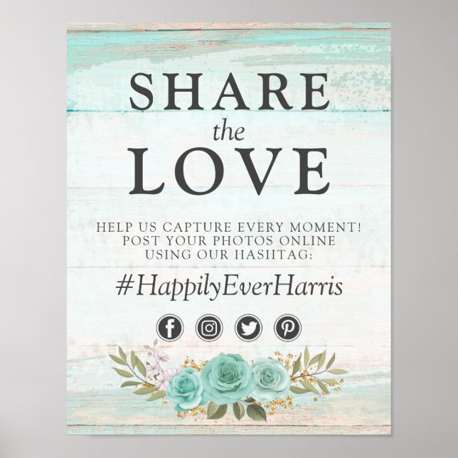 Affiche Mariage floral turquoise rustique Hashtag (Devant)
