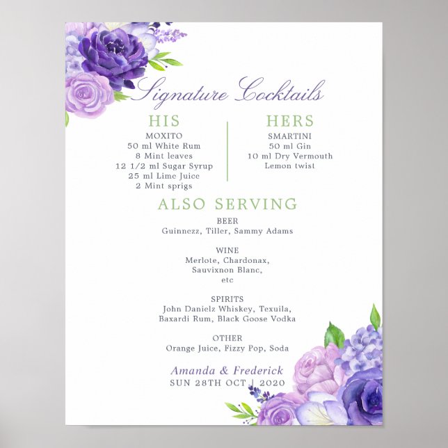 Affiche Mariage Floral Ultra Violet Signature Cocktails (Devant)