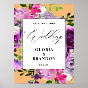 Affiche Mariage floral violet romantique Bienvenue