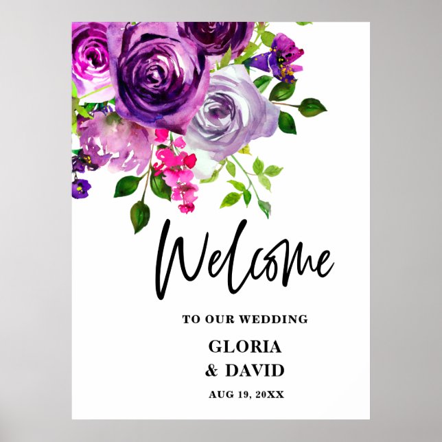 Affiche Mariage floral violet romantique Bienvenue (Devant)
