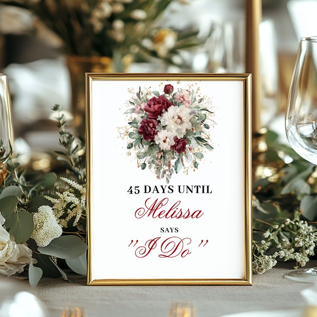 Affiche Mariage Foncé Rouge-Bourgogne Signe de Compte à Re (Maroon Blush Burgundy Countdown Sign Bridal)