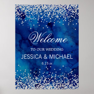 Affiche Mariage Glitter Argent Aquarelle Bleu Marine