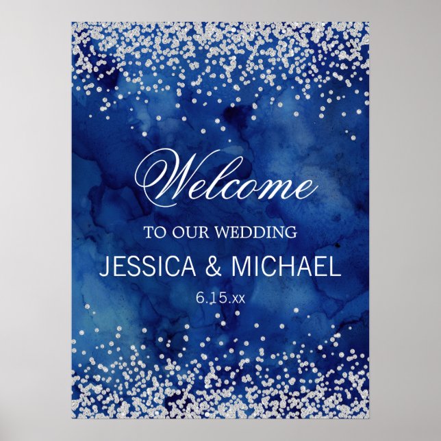Affiche Mariage Glitter Argent Aquarelle Bleu Marine (Devant)
