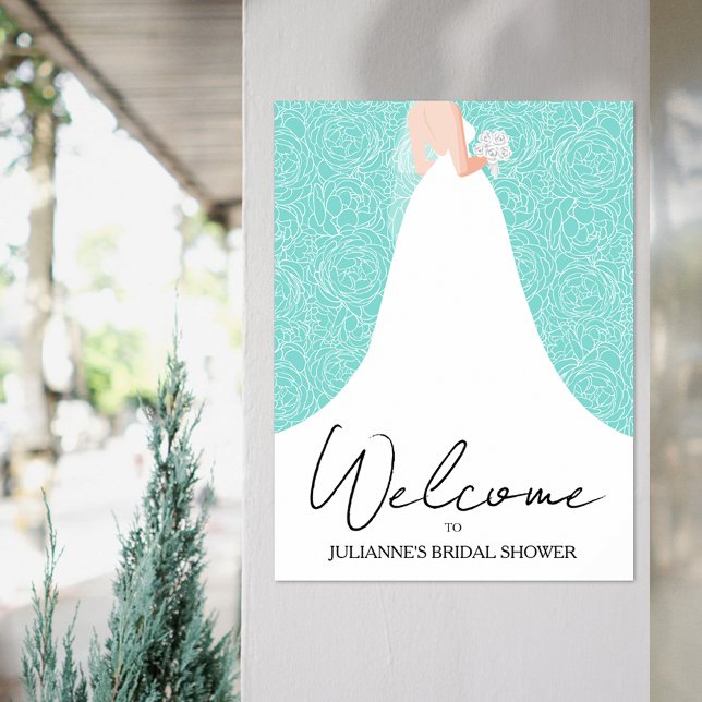 Affiche Mariage Gown Fête des mariées Turquoise Bienvenue (Bride in wedding gown on floral over turquoise bridal shower welcome poster, INSTANT DOWNLOAD, too)