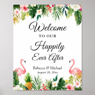Affiche Mariage Heureux Jamais Après Tropical Floral Feuil