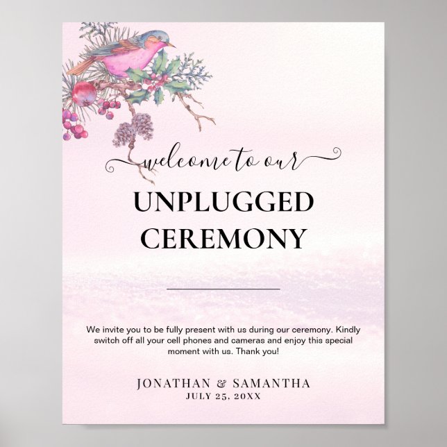 Affiche Mariage hivernal à l'aquarelle Cônes de pin Oiseau (Devant)