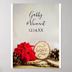 Affiche Mariage hivernal rustique rouge poinsettia bois