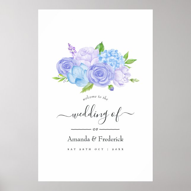 Affiche Mariage Hydrangea Blue and Light Lavender Bienvenu (Devant)
