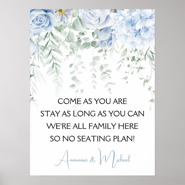 Affiche Mariage Hydrangeas Roses Bleues Sans Plan de Table (Devant)