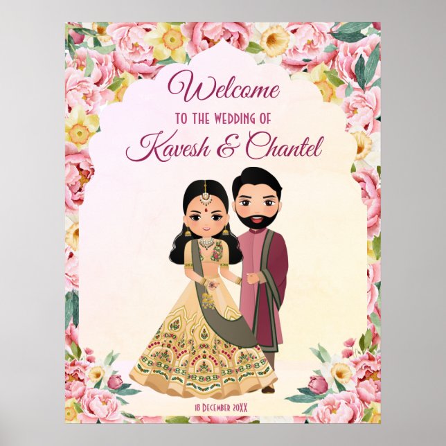 Affiche Mariage indien à fleurs roses avec couple indien (Devant)