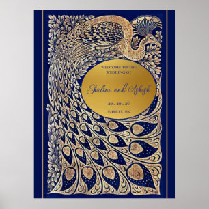 Affiche Mariage indien Blue Gold Peacock Bienvenue