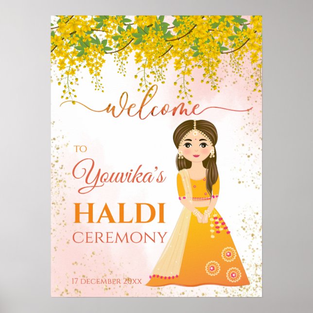 Affiche Mariage indien Haldi jaune des fleurs suspendues (Devant)