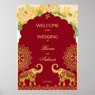 Affiche Mariage indien marron or éléphant lotus bienvenue