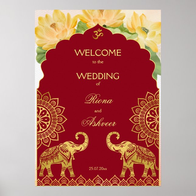 Affiche Mariage indien marron or éléphant lotus bienvenue (Devant)