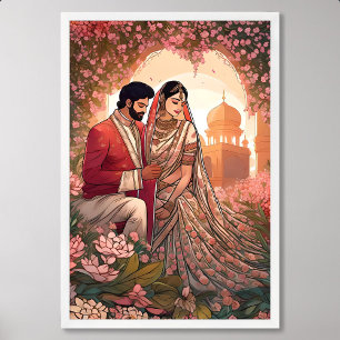 Affiche Mariage indien Peinture rose d'amour et de bonheur