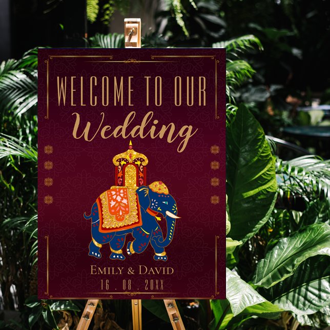 Affiche Mariage indien traditionnel Red Gold (Red Gold Traditional Indian Wedding Welcome Poster)