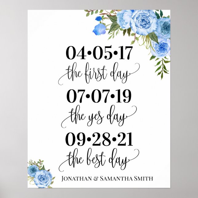 Affiche Mariage jour meilleur date oui jour bleu floral (Devant)