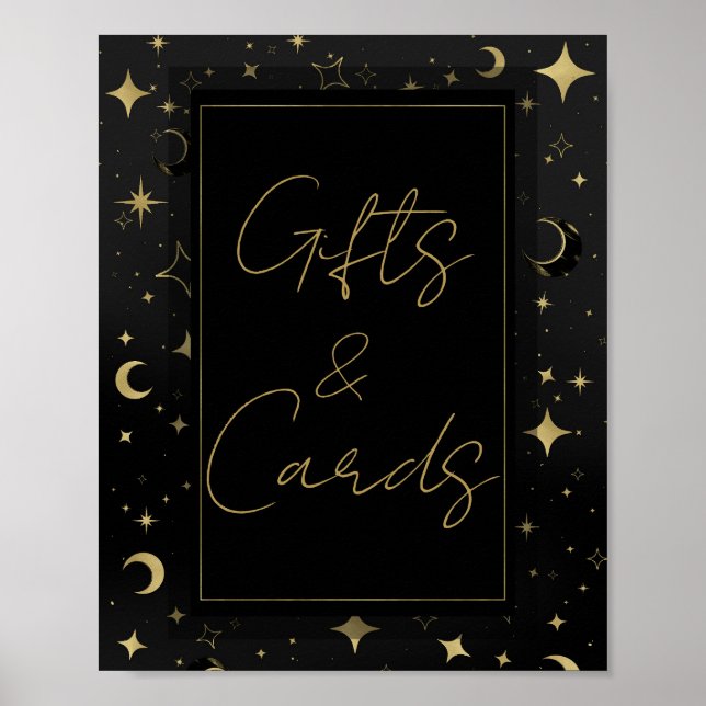 Affiche Mariage Lune Étoiles Célestes Noir & Or  (Devant)
