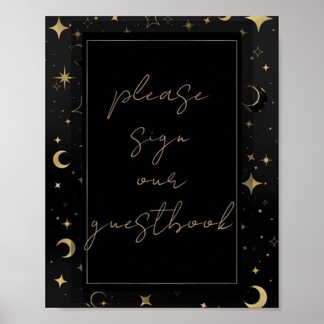 Affiche Mariage Lune Étoiles Célestes Noir & Or  (Devant)