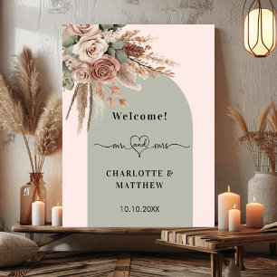 Affiche Mariage m. mme coeur rose arche sauge vert taupe
