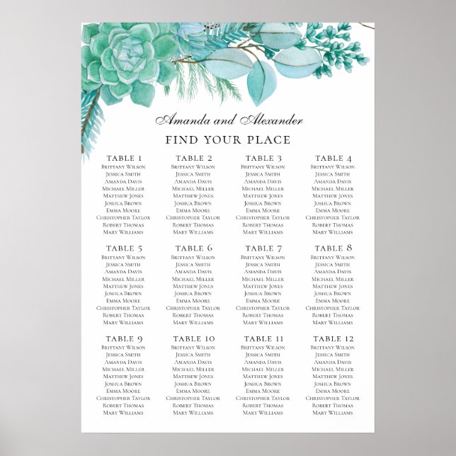 Affiche Mariage menthe. Plan de table aux succulentes aqua (Devant)