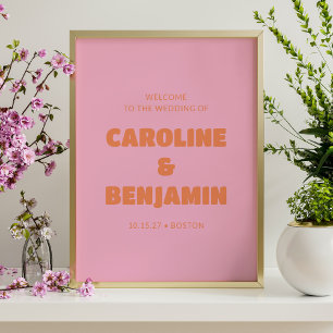 Affiche Mariage minimaliste rétro rose et orange de bienve