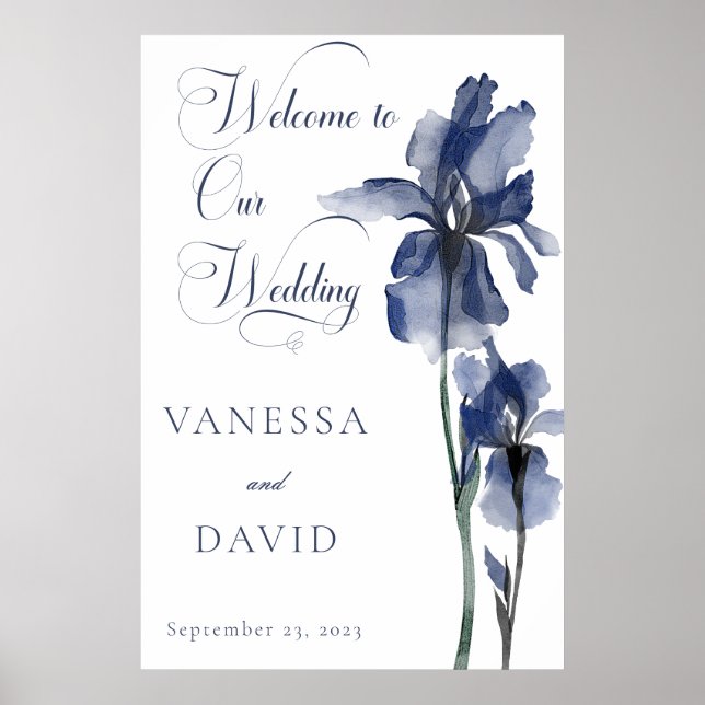 Affiche Mariage moderne à fleurs bleu Iris (Devant)