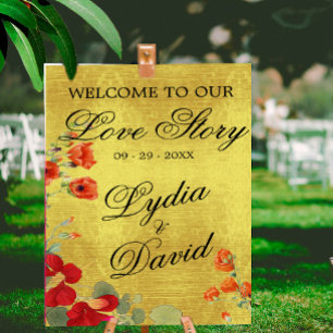 Affiche Mariage Moderne Accueil Or Élégant Floral Orange