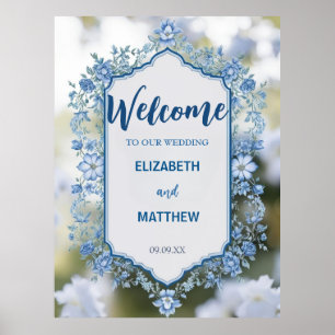 Affiche Mariage moderne bleu & blanc de superposition fleu