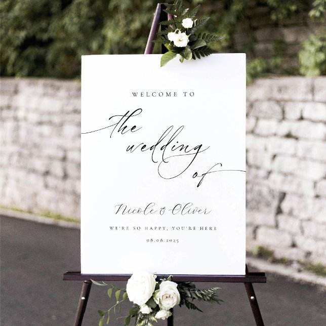 Affiche Mariage moderne calligraphié noir et blanc de bien (Modern Black and White Calligraphy Wedding Welcome Sign)