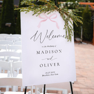 Affiche Mariage Moderne Monogramme Rose Pâle avec Ruban de