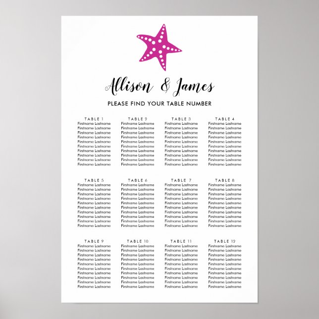 Affiche Mariage moderne Starfish Carte de siège Fuchsia ro (Devant)