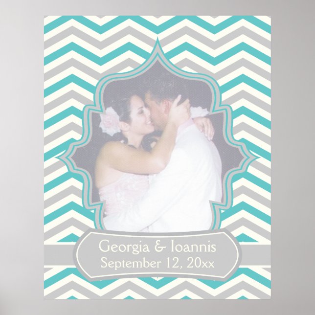 Affiche mariage moderne turquoise, gris chevron (Devant)