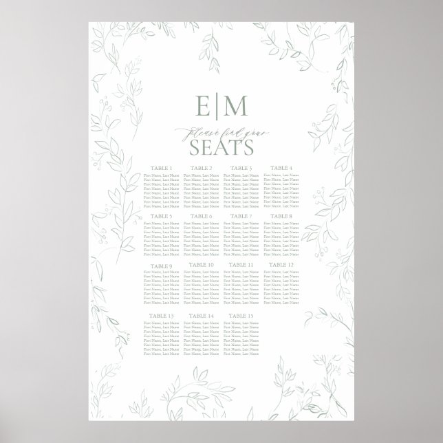 Affiche Mariage Monogramme Élégant Sage Feuille (Devant)