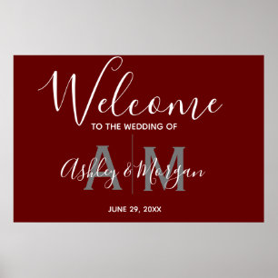 Affiche Mariage Monogramme moderne Gris & Couples Rouge Ac