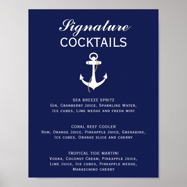 Affiche Mariage nautique bleu et blanc Signature Cocktail (Devant)