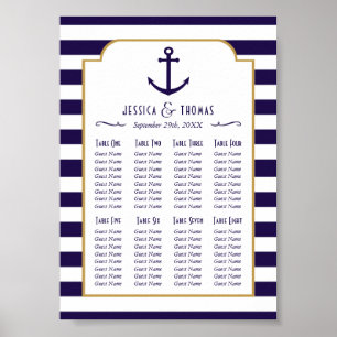 Affiche Mariage Nautique Navy & Ancres à Rayures Blanches