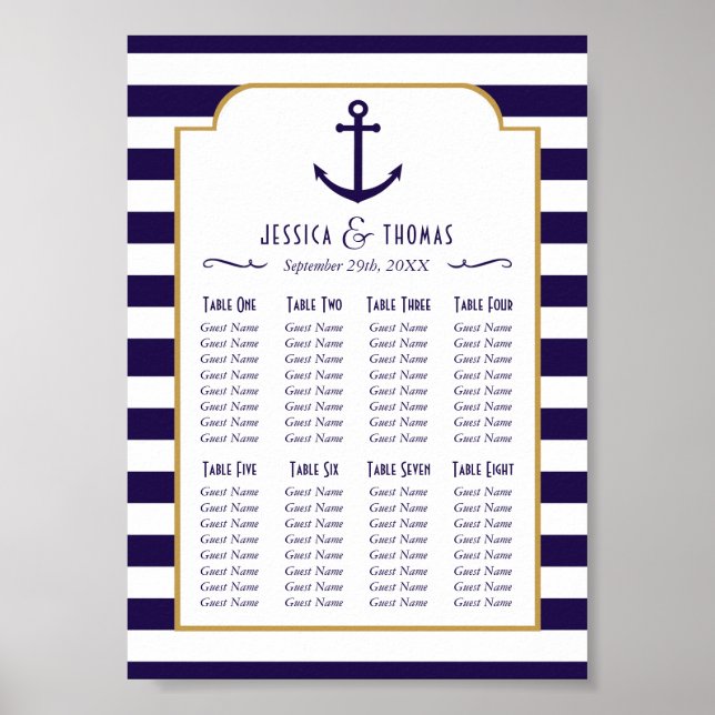 Affiche Mariage Nautique Navy & Ancres à Rayures Blanches (Devant)