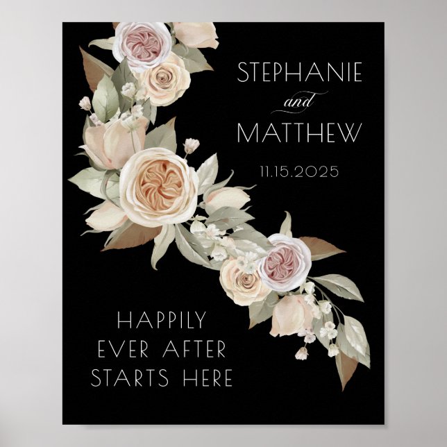 Affiche Mariage noir botanique rose pâle (Devant)