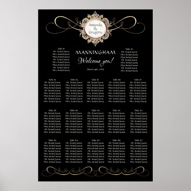 Affiche Mariage noir simple Elegant Gold Swirl (Devant)