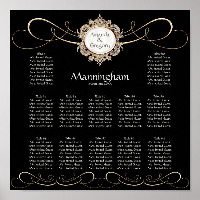 Affiche Mariage noir simple Elegant Gold Swirl (Devant)