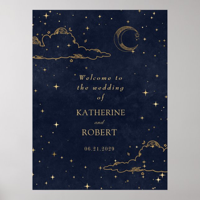 Affiche Mariage Nuages Lune Or Céleste Mystique (Devant)